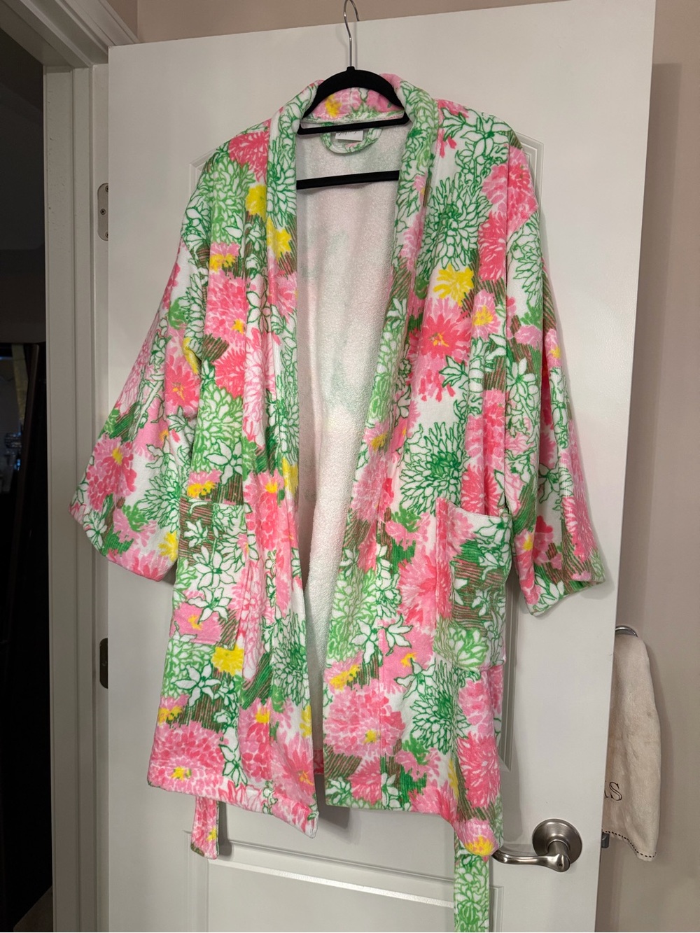Lilly Pulitzer Pink, Green & Yellow Floral Plush Kimono terry Robe